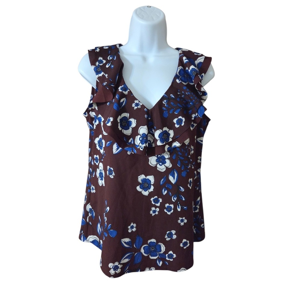 Banana Republic Brown Blue Floral Ruffle Sleeveless Silky Blouse Top S